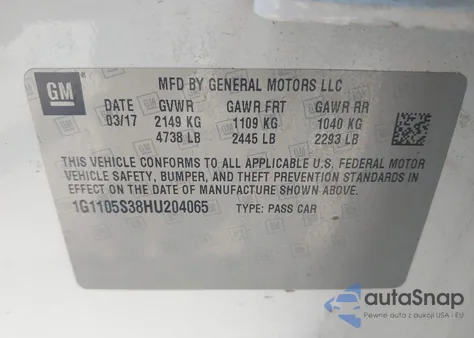 2017 Chevrolet Impala 1Lt from USA, damaged, VIN 1G1105S38HU204065